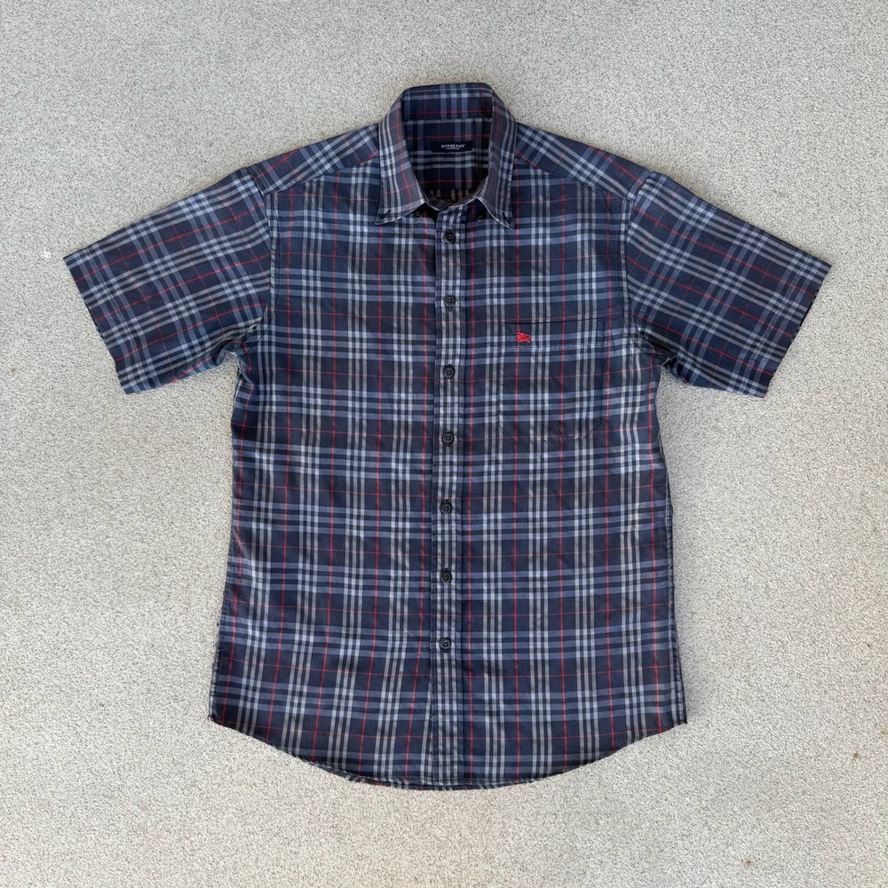 Burberry London Nova Check Mens Medium Button Down - Blue-Red Plaid Short Sleeve